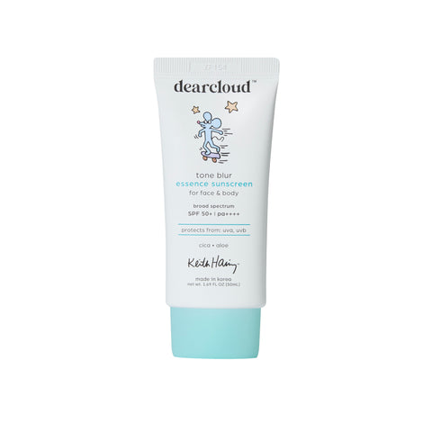 Front of Keith Haring Tone Blur Sunscreen with pastel blue twist off cap. Featuring Keith Haring mouse illustration artwork.