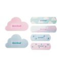 Light pink cloud shaped bandage with hot pink centered logo text.
Light blue cloud shaped bandage with dark blue centered logo text.
Light blue bandage with white clouds and dark blue centered logo text. 
White bandage with pink and blue clouds, pink centered logo text.
Smaller light blue bandage with blue crescent moon shapes and white stars with blue centered logo text.
Smaller light pink bandage with blue stars and pink alternative star shape with blue centered logo text.