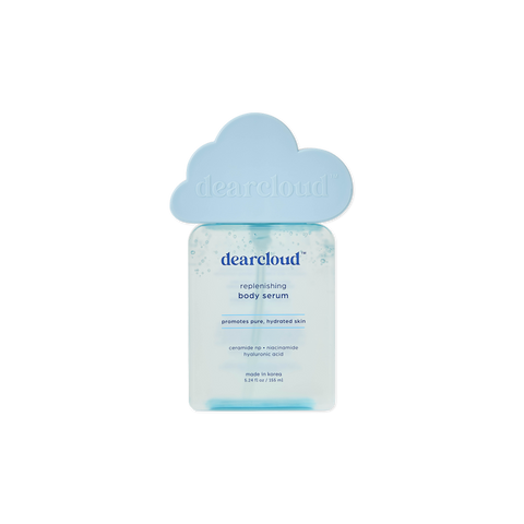 Light blue bottle with light blue cloud top, navy dearcloud logo on front of bottle