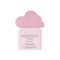 Back of pink bottle of dearcloud Luminous Aqua Sunscreen Mist with a cute cloud-shaped cap. Embossed "dearcloud" logo on back of bottle, with ingredient information.