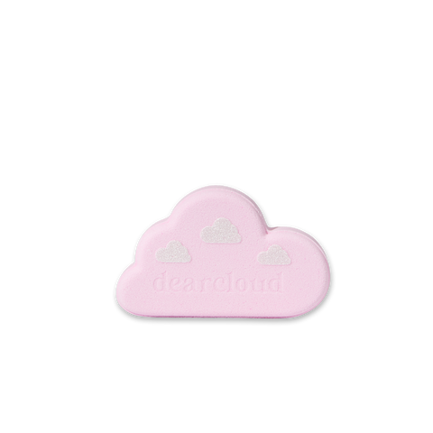 Pink cloud shaped bath bomb with dearcloud logo and white clouds 