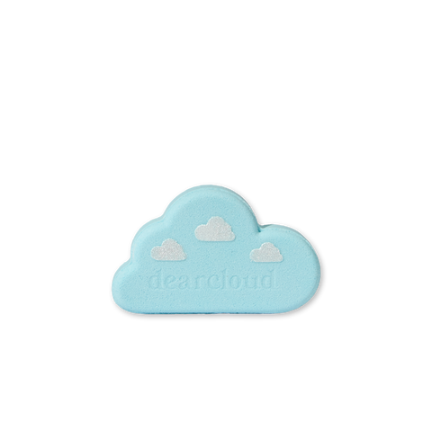 Blue cloud shaped bath bomb with dearcloud logo and white clouds 