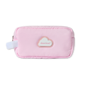 Pink puffy nylon cosmetic bag, with white strap on left, and with white cloud and pink dearcloud logo in center