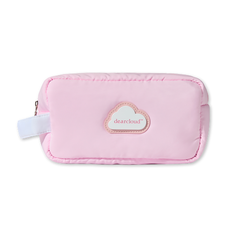 Pink puffy nylon cosmetic bag, with white strap on left, and with white cloud and pink dearcloud logo in center