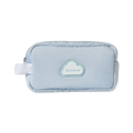 Light blue puffy nylon cosmetic bag, with white strap on left, and with white cloud and light blue dearcloud logo in center