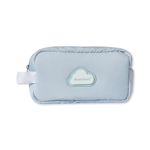 Light blue puffy nylon cosmetic bag, with white strap on left, and with white cloud and light blue dearcloud logo in center