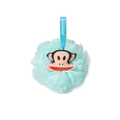 A light pastel blue teal sponge loofah featuring a playful monkey face plush.