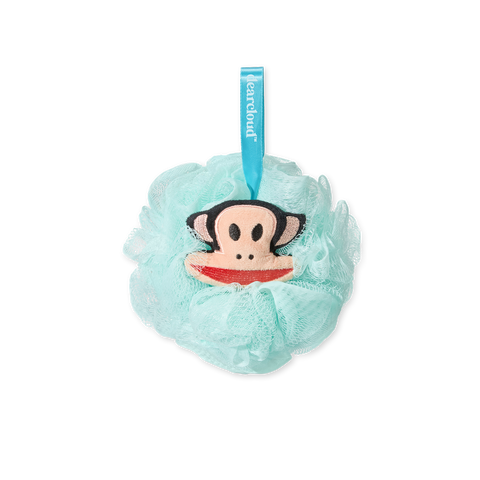 A light pastel blue teal sponge loofah featuring a playful monkey face plush.