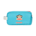 A teal blue cosmetics case featuring a vibrant red zipper, perfect for makeup or essentials.