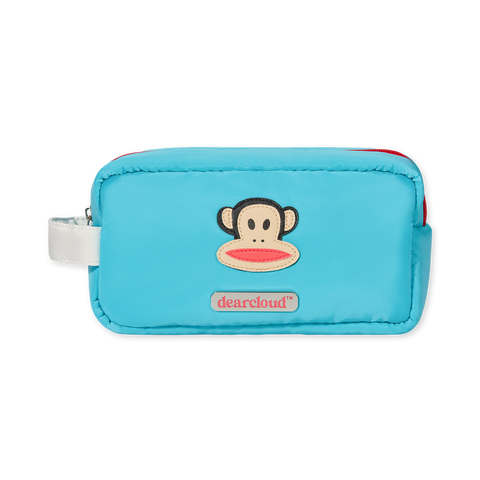 A teal blue cosmetics case featuring a vibrant red zipper, perfect for makeup or essentials.