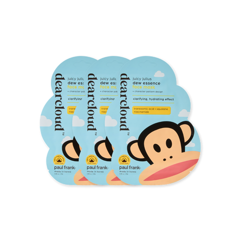 A dearcloud face mask set of 3 adorned with a whimsical monkey face. Pouch is shaped as a cloud. Face Mask inside is yellow with a monkey pattern.