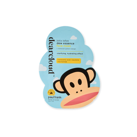 A dearcloud face mask adorned with a whimsical monkey face. Pouch is shaped as a cloud. Face Mask inside is yellow with a monkey pattern.