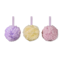 Set of three mesh loofahs (yellow, purple, pink) with pink strap and white dearcloud logo