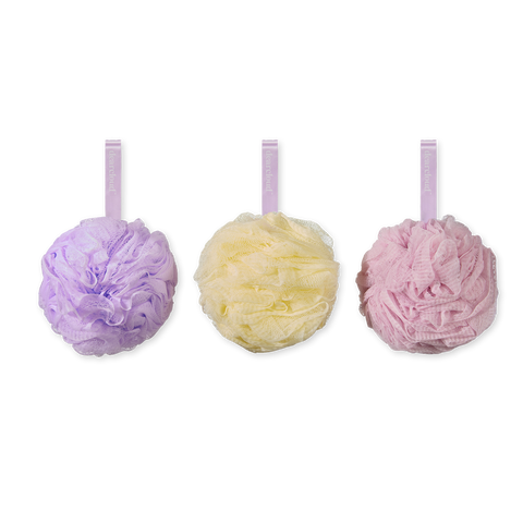 Set of three mesh loofahs (yellow, purple, pink) with pink strap and white dearcloud logo