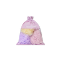 Set of three mesh loofahs (yellow, purple, pink) in pink drawstring with white dearcloud logo