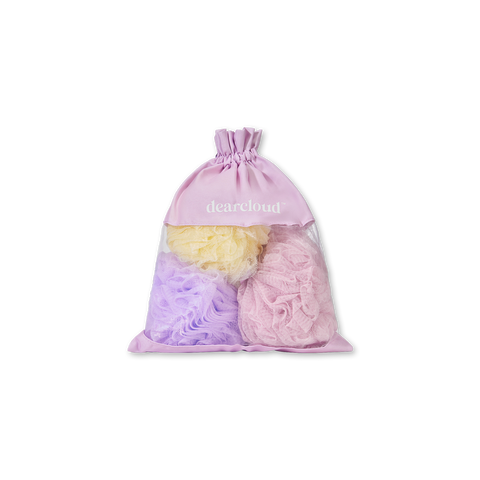 Set of three mesh loofahs (yellow, purple, pink) in pink drawstring with white dearcloud logo