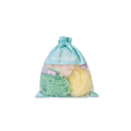 Set of three mesh loofahs (yellow, peach, green) in teal drawstring bag with white dearcloud logo