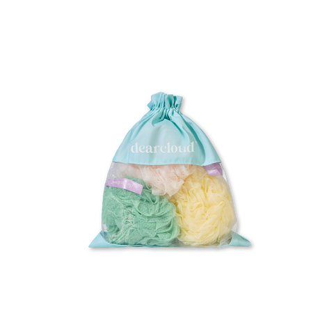 Set of three mesh loofahs (yellow, peach, green) in teal drawstring bag with white dearcloud logo