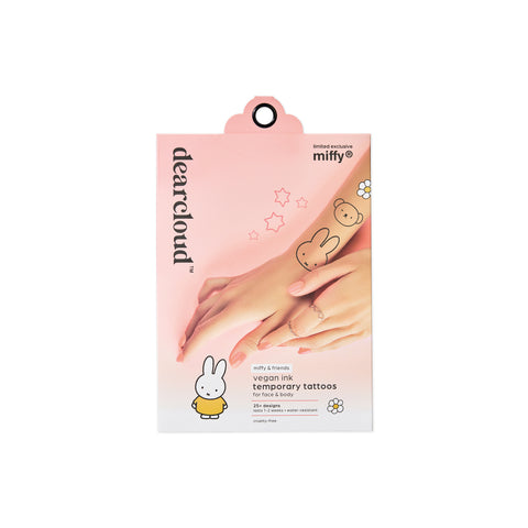 dearcloud Miffy temporary tattoos in peach rectangular packaging. Image on front of packaging includes a hand with a Miffy shaped head tattoo.