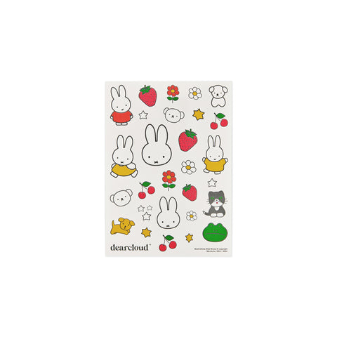 Assorted Miffy character tattoos in Red, Yellow, White, and Green. Characters include Miffy shaped head, dog, frog, cherries, flowers, and more.