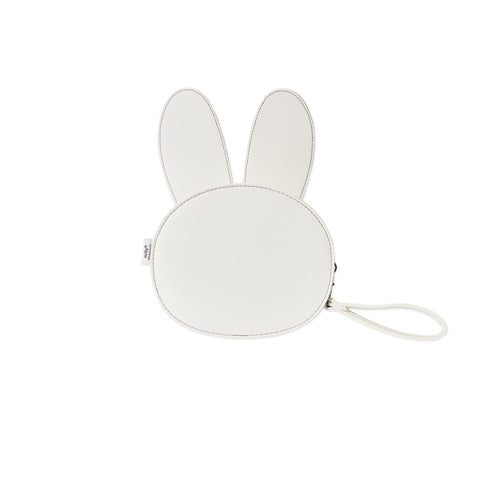 Back of bunny head shaped white cosmetics bag with wrist strap.