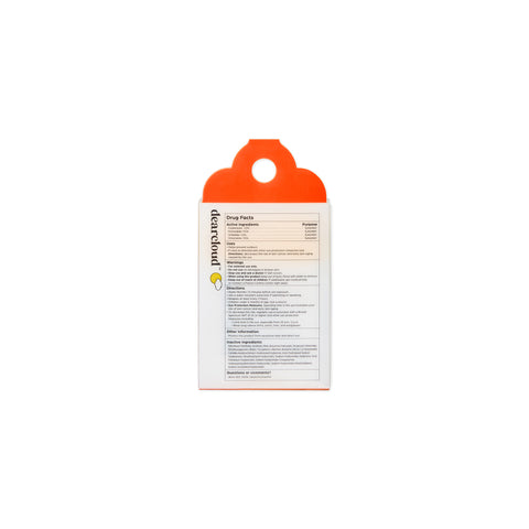 Back of packaging. White box with orange cloud-shaped hanging tab. 