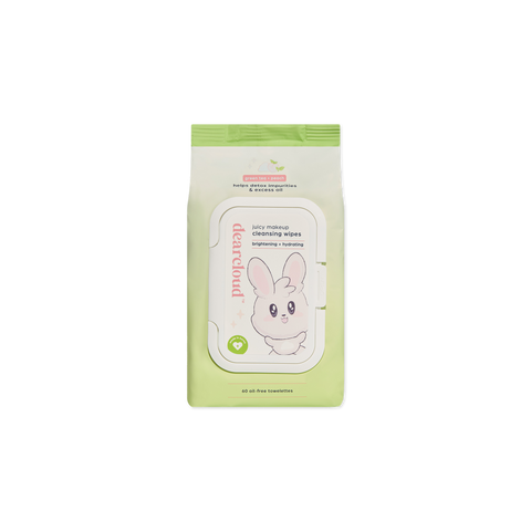 Front of dearcloud Juicy Makeup Cleansing Wipes package, with a cartoon bunny and text indicating "brightening + hydrating."