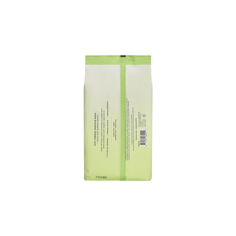 dearcloud Juicy Makeup Cleansing Wipes packaging: back view with details on cleansing, exfoliation, and ingredients like green tea and peach.