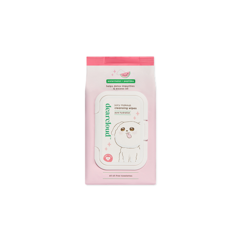 Packaging for dearcloud Juicy Makeup Cleansing Wipes, emphasizing watermelon and peptides for pure hydration, with a cute puppy graphic.