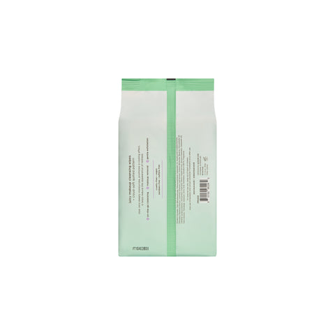 dearcloud Juicy Makeup Cleansing Wipes packaging: back view detailing watermelon, peptides, and other ingredients. Pastel Green packaging.