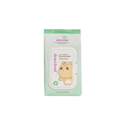 Packaging for dearcloud Juicy Makeup Cleansing Wipes, emphasizing cooling moisture and detoxifying benefits, with a cute brown bear graphic. Pastel green and purple packaging. 