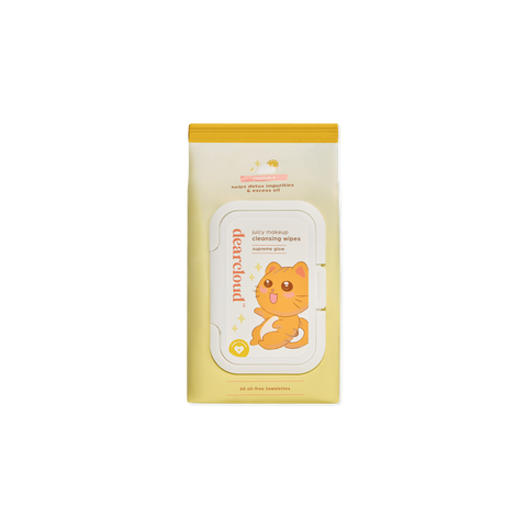 dearcloud Juicy Makeup Cleansing Wipes pastel yellow package highlighting "supreme glow" and promising to help detox impurities and excess oil. Features a striped orange cute cat character design. 