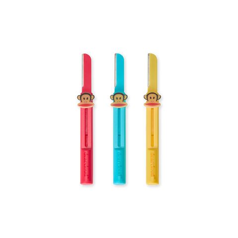 A trio of red, yellow, and blue retractable dermaplane razors adorned with cheerful monkey emblems that slide up and down.