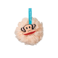 A light pastel peachy pink sponge loofah featuring a playful monkey face plush.