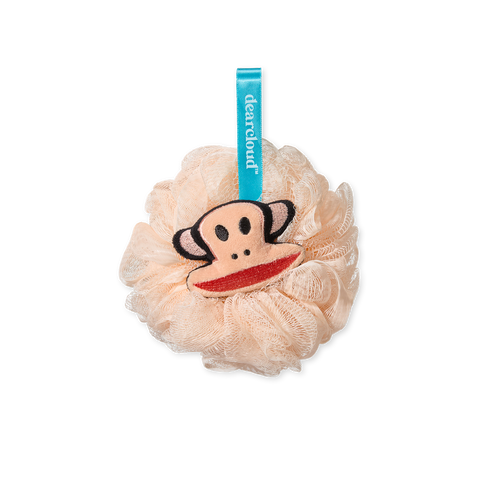 A light pastel peachy pink sponge loofah featuring a playful monkey face plush.