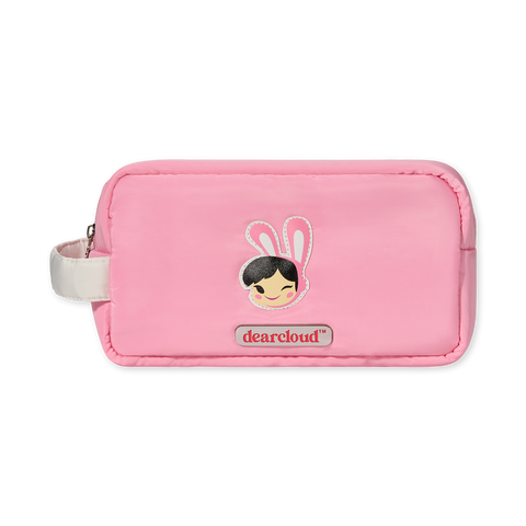 Pink rectangular pouch with a side handle, featuring a cartoon character with bunny ears and the text "dearcloud" below it.