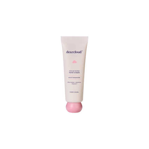 Tube of dearcloud Rescue Butter Hand Cream with a pink cap and a peach honeysuckle scent.