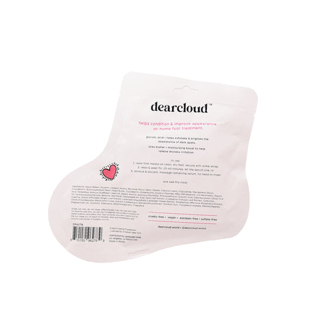 The back of a dearcloud Keith Haring Foot Mask package, highlighting its key features and ingredients.