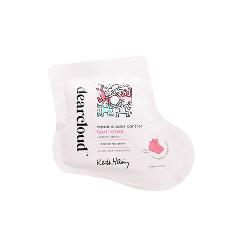 A single-use foot mask featuring a playful Keith Haring design.