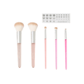A set of pink and white makeup brushes arranged neatly, showcasing their elegant design and soft bristles.