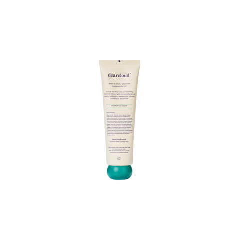 Back of off-white foot cream tube with dearcloud branding and ingredient list