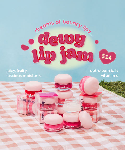 Dreams of bouncy lips... "Dewy Lip Jam" – A candy-like gloss balm for a dewy syrup glaze. Juicy, fruity, luscious moisture with petroleum jelly and vitamin e. $14, available now!