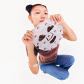 Model holding up pastel blue face mask with Paul Frank Bunny Girl Cloud Pattern