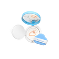 dearcloud SPF Cushion Compact with a cute cloud-shaped puff. Round pastel blue cap with mirror inside. Formula is white with a cloud and sun design. Formula leaves a dewy transparent finish. 