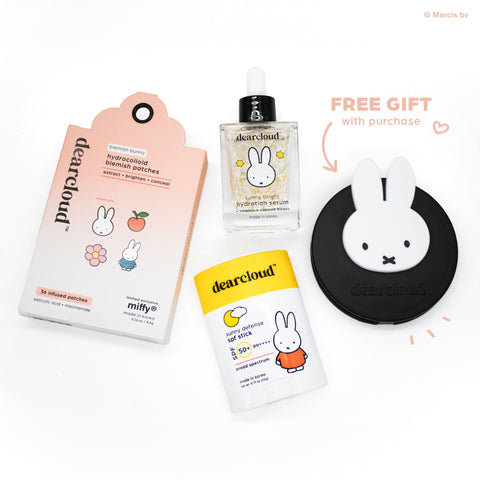 Miffy Bundle including blemish patches, hydration serum, sun stick, and compact mirror.