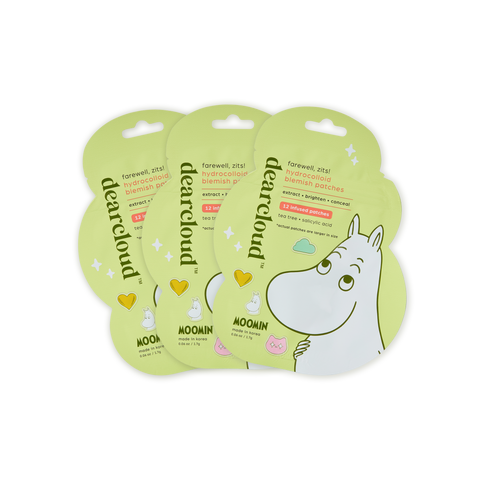Cloud shaped package contains 12 infused Moomin Blemish Patches in 4 styles. Set of 3 pouches, or 36 patches.
