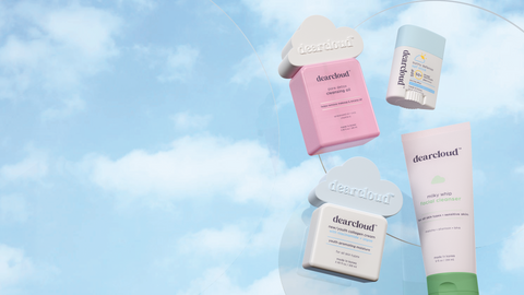 Floating dearcloud skincare products including cleanser, sun stick, collagen cream, and facial cleanser