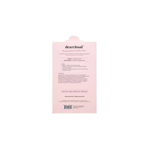 Back of dearcloud under eye patch packaging, listing ingredients and usage instructions.