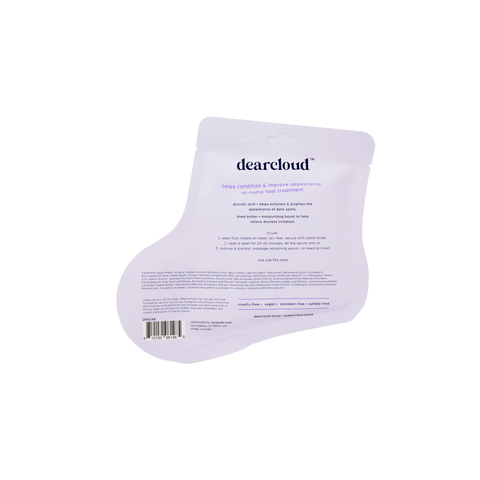 Back of dearcloud foot mask packaging, showing ingredients and instructions.