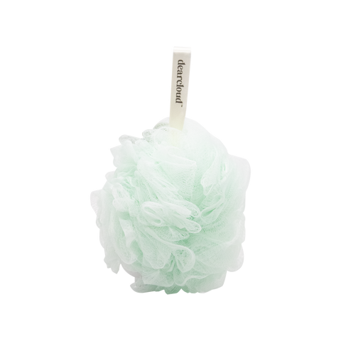 Back of sage colored XL Loofah with a cloud shaped plush attached. 